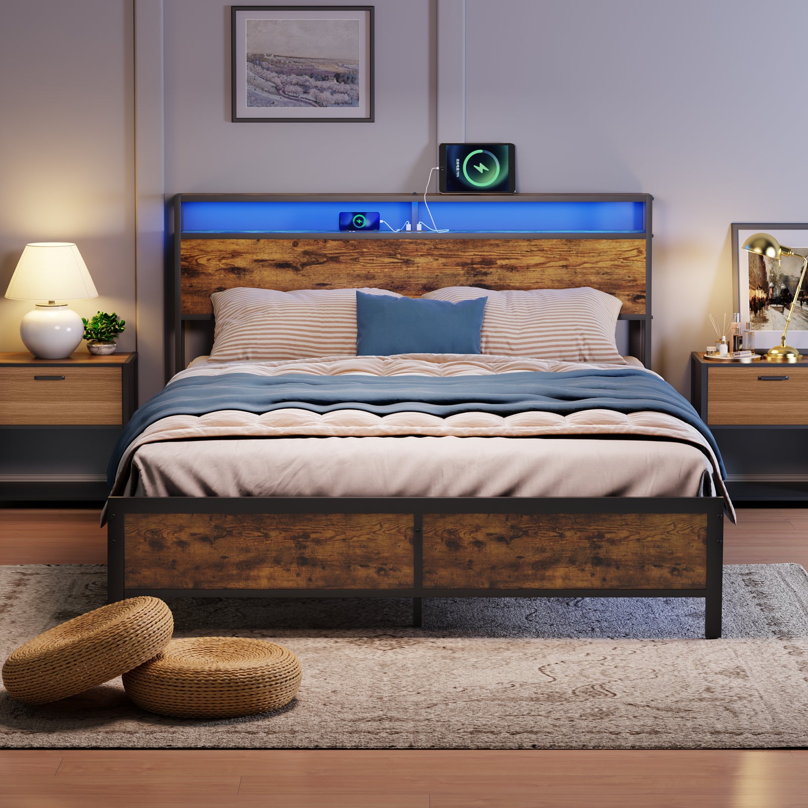 Industrial Queen Bed Frame With Led Lights And 2 Usb Ports, Bed Frame Full Size With Storage, Noise Free, No Box Spring Needed, Rustic Brown Rustic Brown Metal