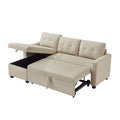 Upholstered Pull Out Sectional Sofa With Storage Chaise, Convertible Corner Couch, Beige Beige Wood Medium Soft Pillow Back Modern Square Arms Linen 3 Seat