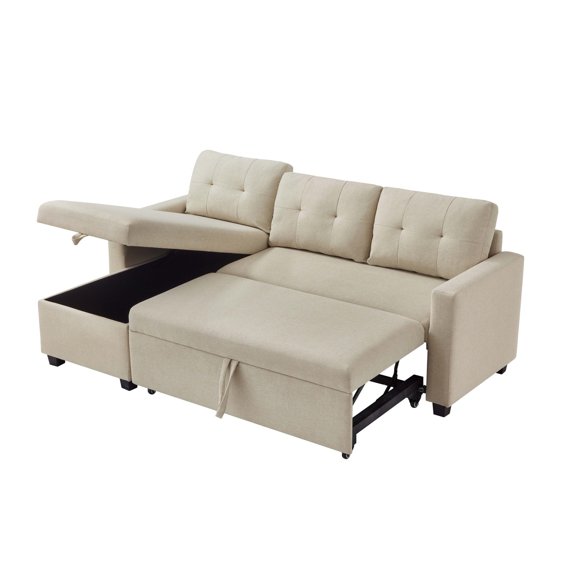 Upholstered Pull Out Sectional Sofa With Storage Chaise, Convertible Corner Couch, Beige Beige Wood Medium Soft Pillow Back Modern Square Arms Linen 3 Seat