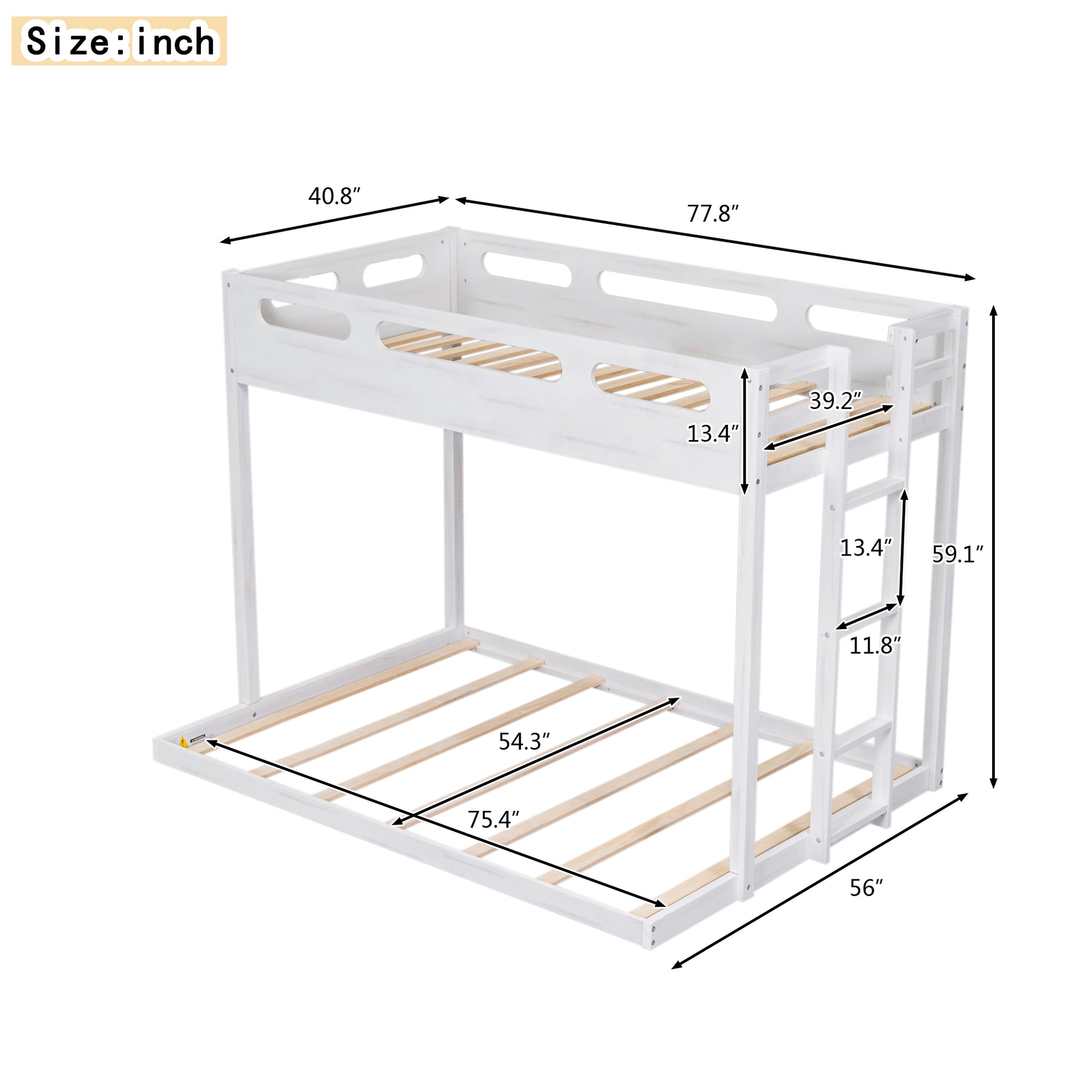 Twin Over Full Bunk Bed With Built In Ladder,White White Solid Wood Mdf