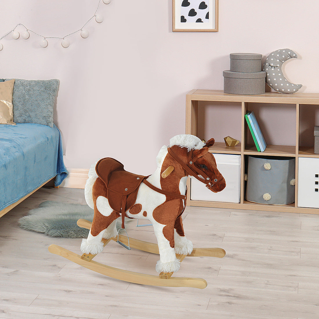 Wooden Toddler Rocking Horse, Kids Plush Rocking Chair Toy With Nursery Rhyme Music Brown Brown Wood