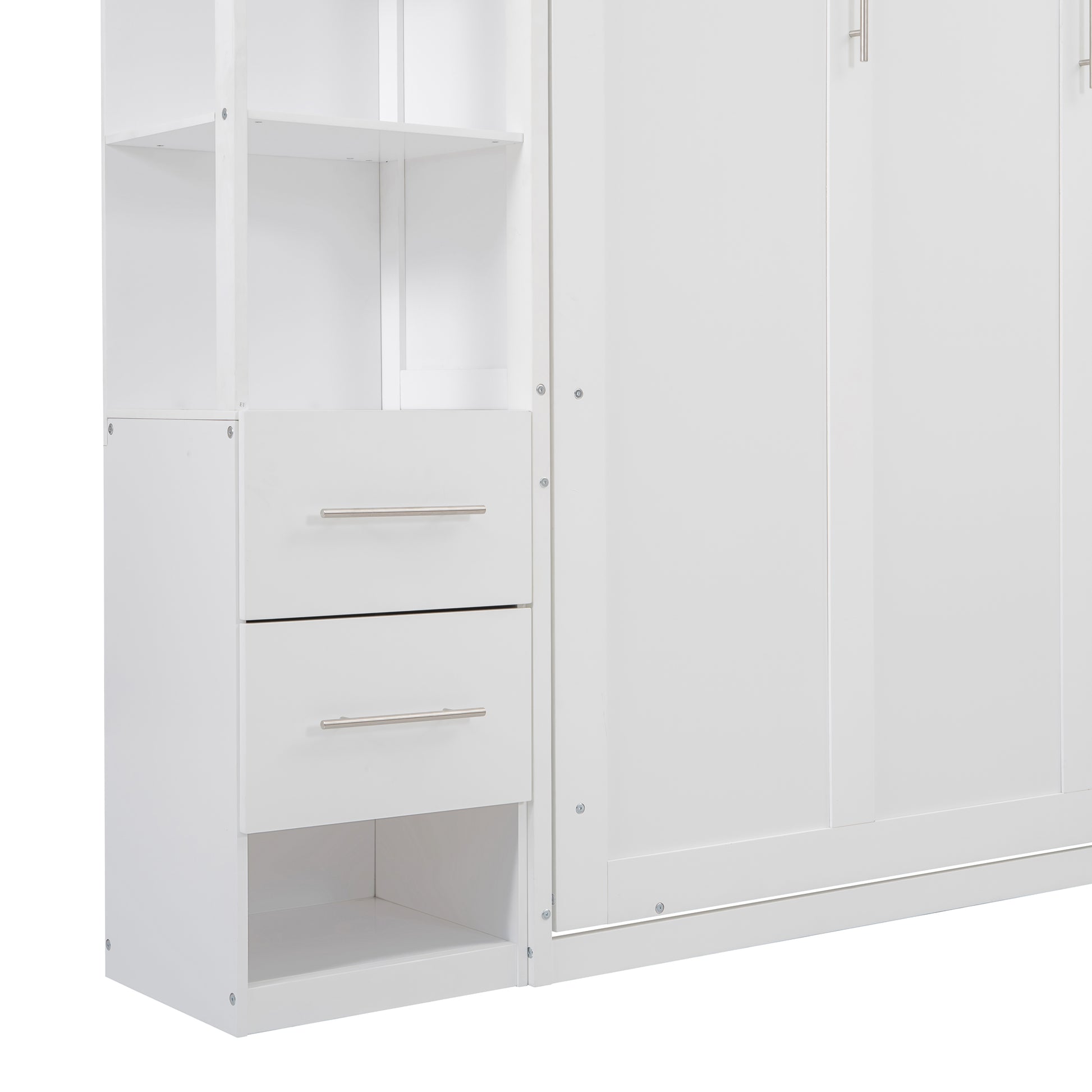 Queen Size Murphy Bed Wall Bed With Shelves, Drawers And Led Lights,White Queen White Mdf Lvl