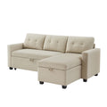 Upholstered Pull Out Sectional Sofa With Storage Chaise, Convertible Corner Couch, Beige Beige Wood Medium Soft Pillow Back Modern Square Arms Linen 3 Seat