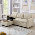 Upholstered Pull Out Sectional Sofa With Storage Chaise, Convertible Corner Couch, Beige Beige Wood Medium Soft Pillow Back Modern Square Arms Linen 3 Seat