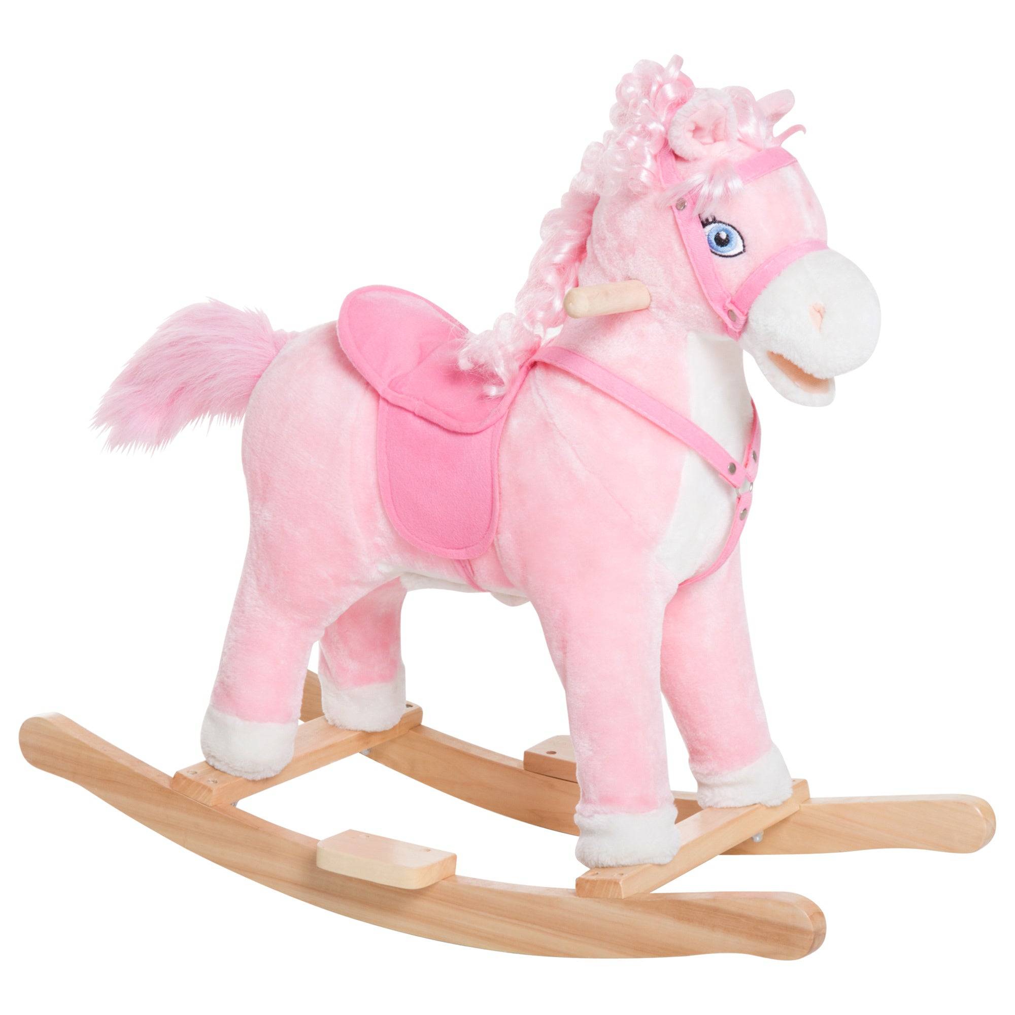 Kids Ride On Rocking Horse Toddler Plush Toy With Realistic Sounds And Swinging Tail For 3 Years Old Children Pink Wood