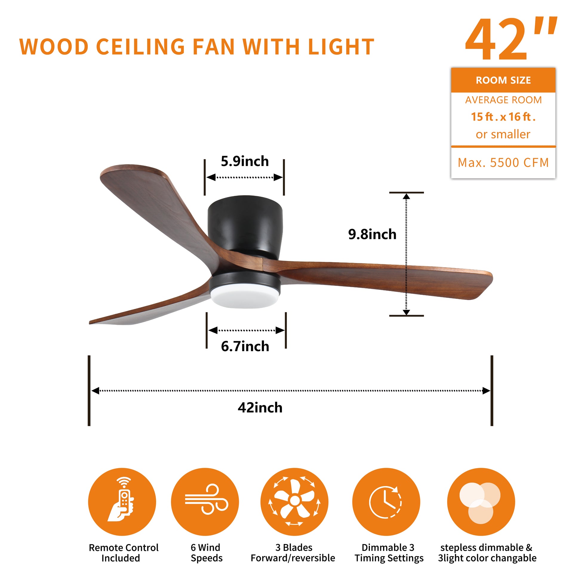 42 Inch Black Wood Ceiling Fans With Lights And Remote, Modern Flush Mount Low Profile Ceiling Fan With Light, 6 Speed, Reversible Dc Motor, For Bedroom Outdoor Farmhouse Patios Black Wood Metal