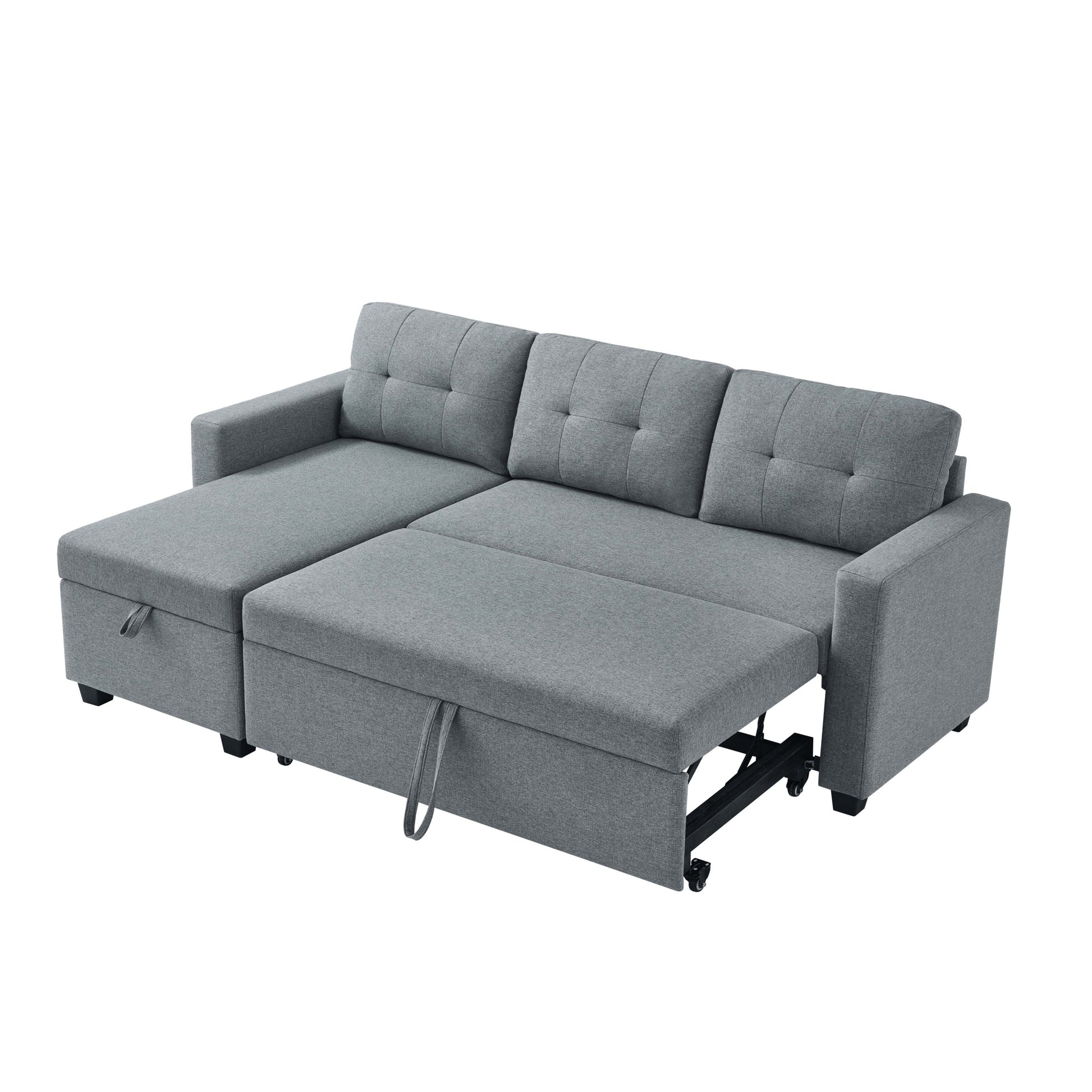 Upholstered Pull Out Sectional Sofa With Storage Chaise, Convertible Corner Couch, Light Grey Light Grey Wood Medium Soft Pillow Back Modern Square Arms Linen 3 Seat