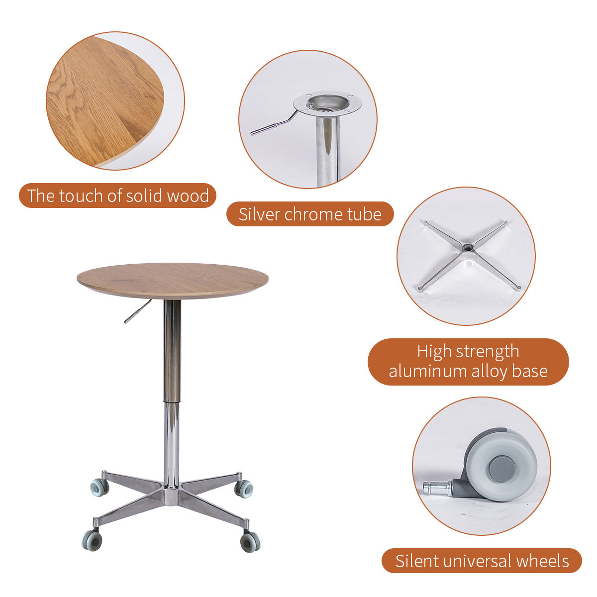 Movable Adjustable Coffee Table 360 Swivel Counter Bar Height Aluminum Star Base Movable For End Table Dining Room Home Kitchen Table Natural Wood Aluminium Alloy