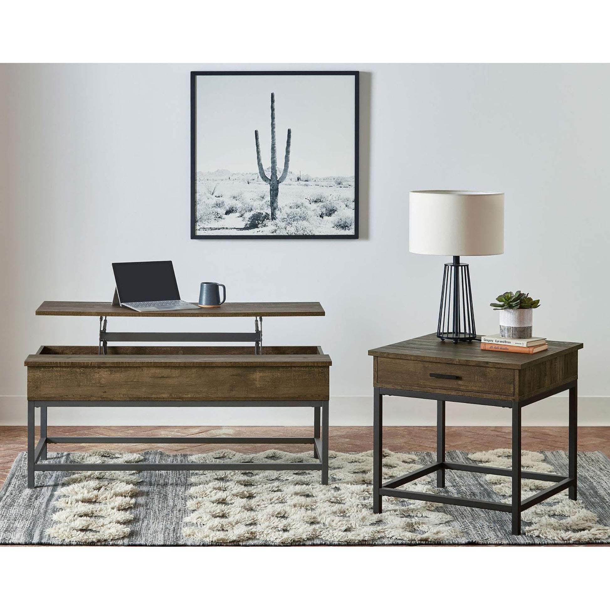 Brown Oak And Sandy Black Lift Top Coffee Table Brown Primary Living Space Industrial Manual Rectangular Coffee & End Tables Wood