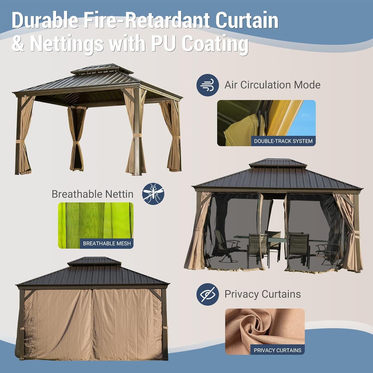 Hardtop Gazebo Outdoor Aluminum Gazebos Grill With Galvanized Steel Double Canopy For Patios Deck Backyard,Curtains&Netting Brown Aluminium