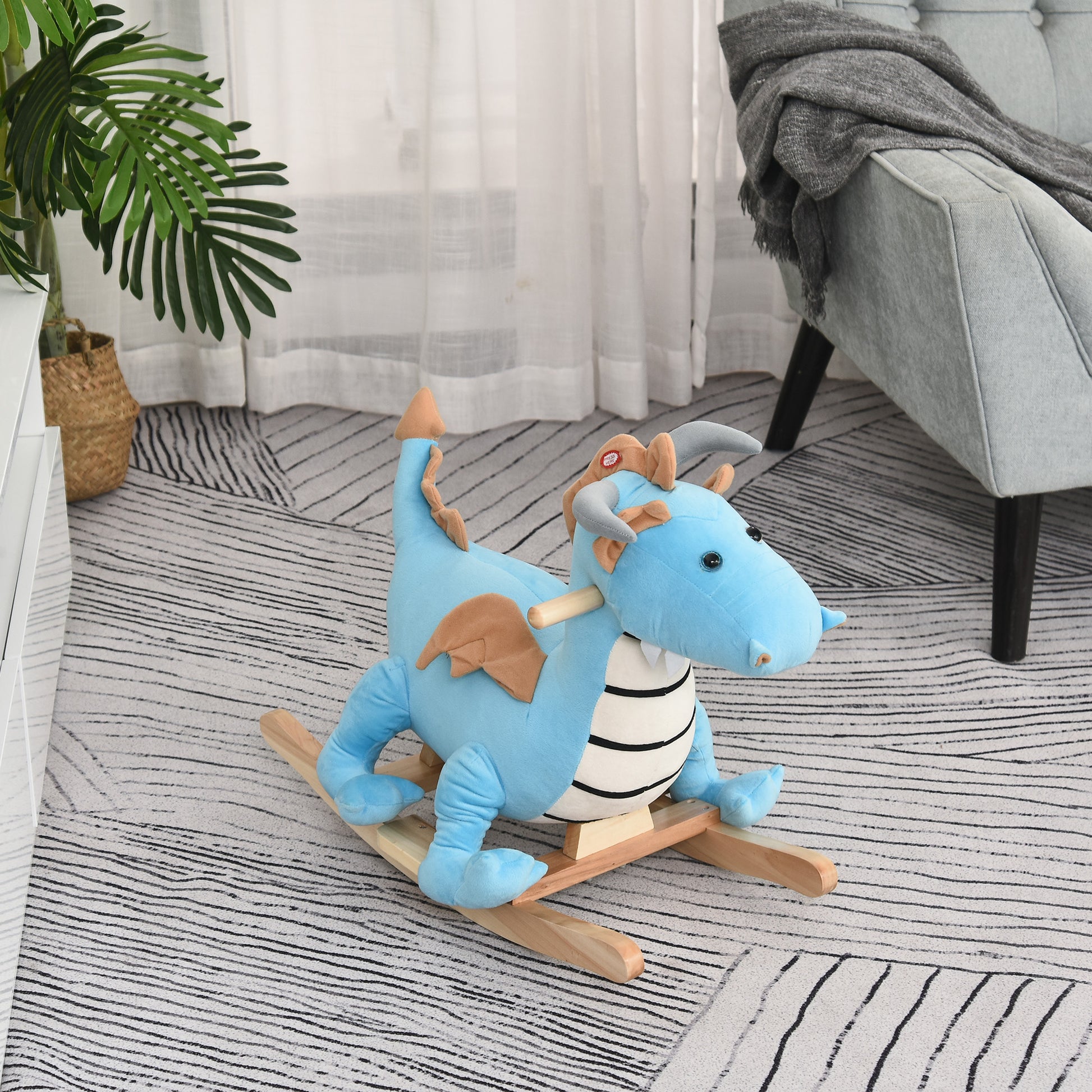 Kids Plush Ride On Rocking Horse Toy Dinosaur Ride Rocking Chair With Realistic Sounds For18 36 Months, Blue Blue Wood