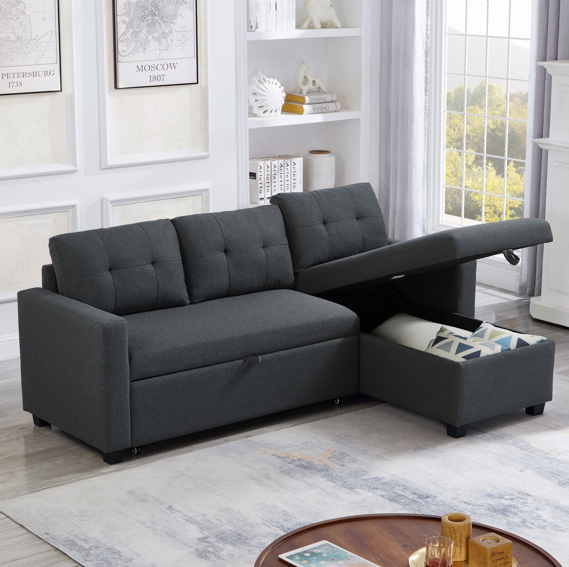 Upholstered Pull Out Sectional Sofa With Storage Chaise, Convertible Corner Couch, Dark Grey Dark Grey Wood Medium Soft Pillow Back Modern Square Arms Linen 3 Seat