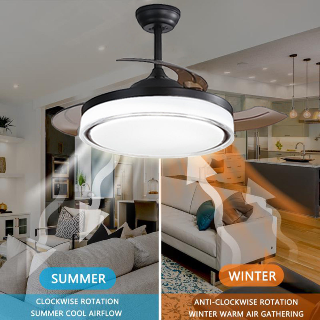 42 Inch Retractable Ceiling Fans With Lights Remote Control,Fandelier Flush Mount Modern Ceiling Fan With Bladeless Ceiling Fan,Led Light,Silent Fan Noiseless Dc Motor Black White Abs Steel Q235