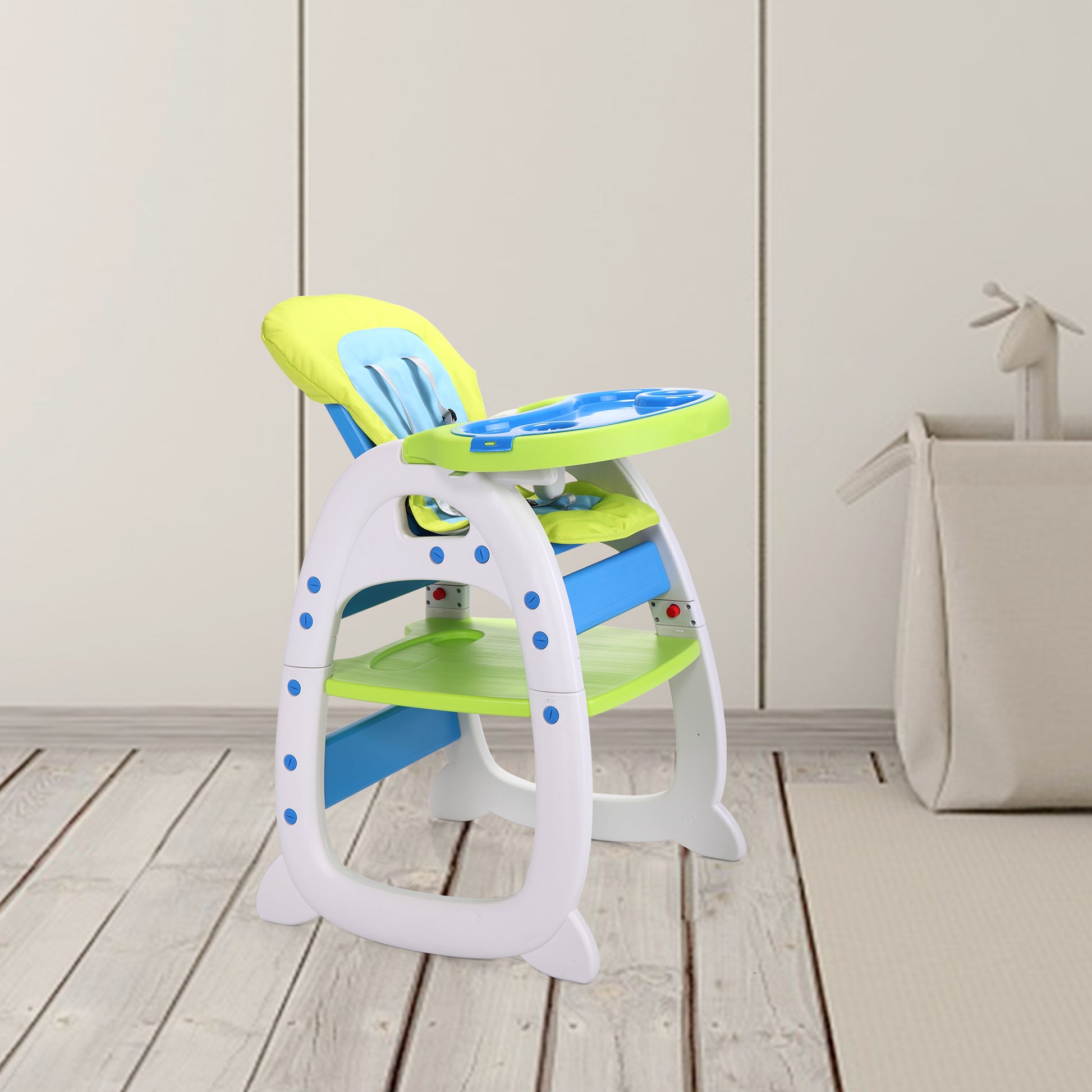 Multipurpose Adjustable Highchair For Baby Toddler Dinning Table With Feeding Tray And 5 Point Safety Buckle, Yellow Blue Polypropylene