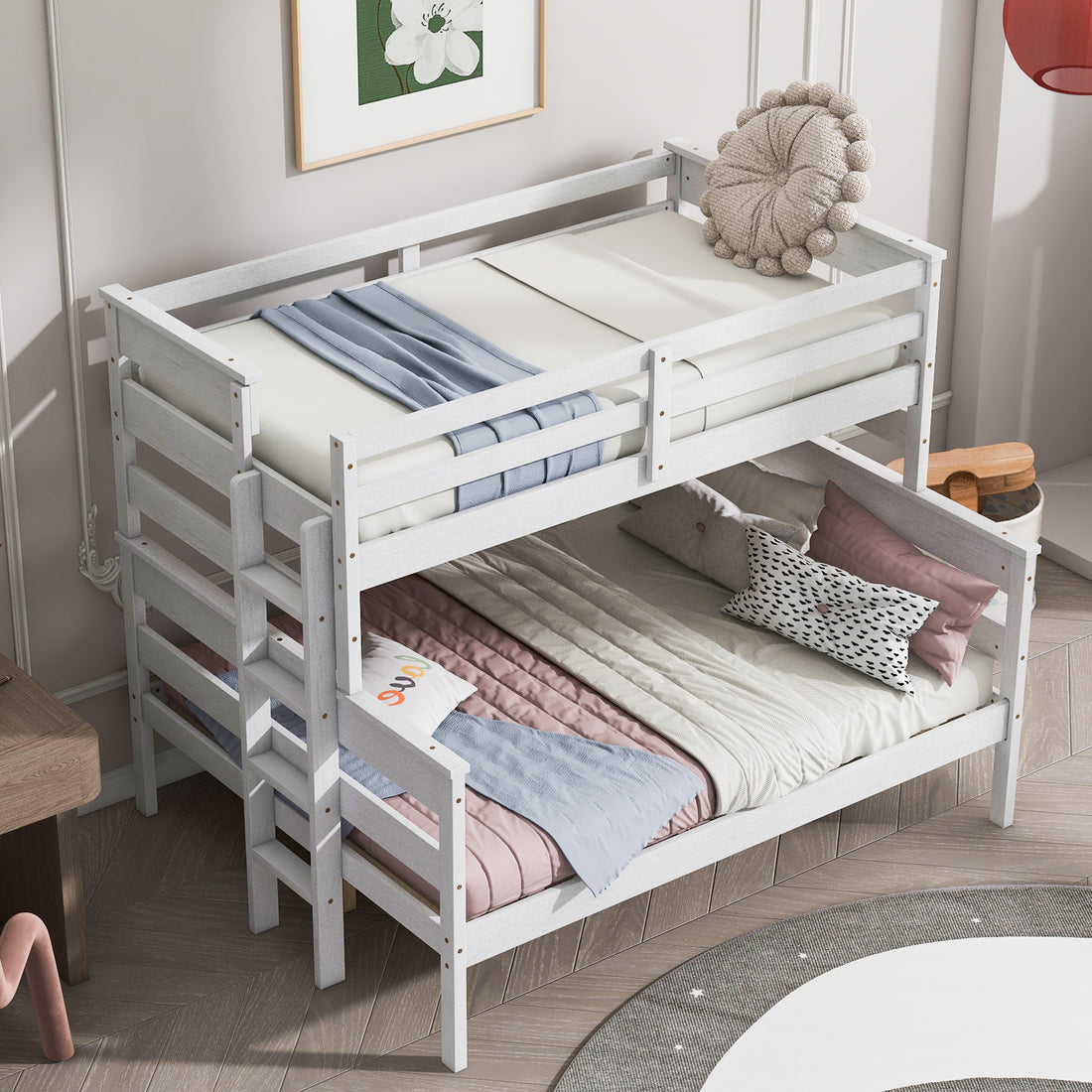 Wood Twin Over Full Bunk Bed With Ladder, White Twin Box Spring Not Required White Solid Wood Mdf