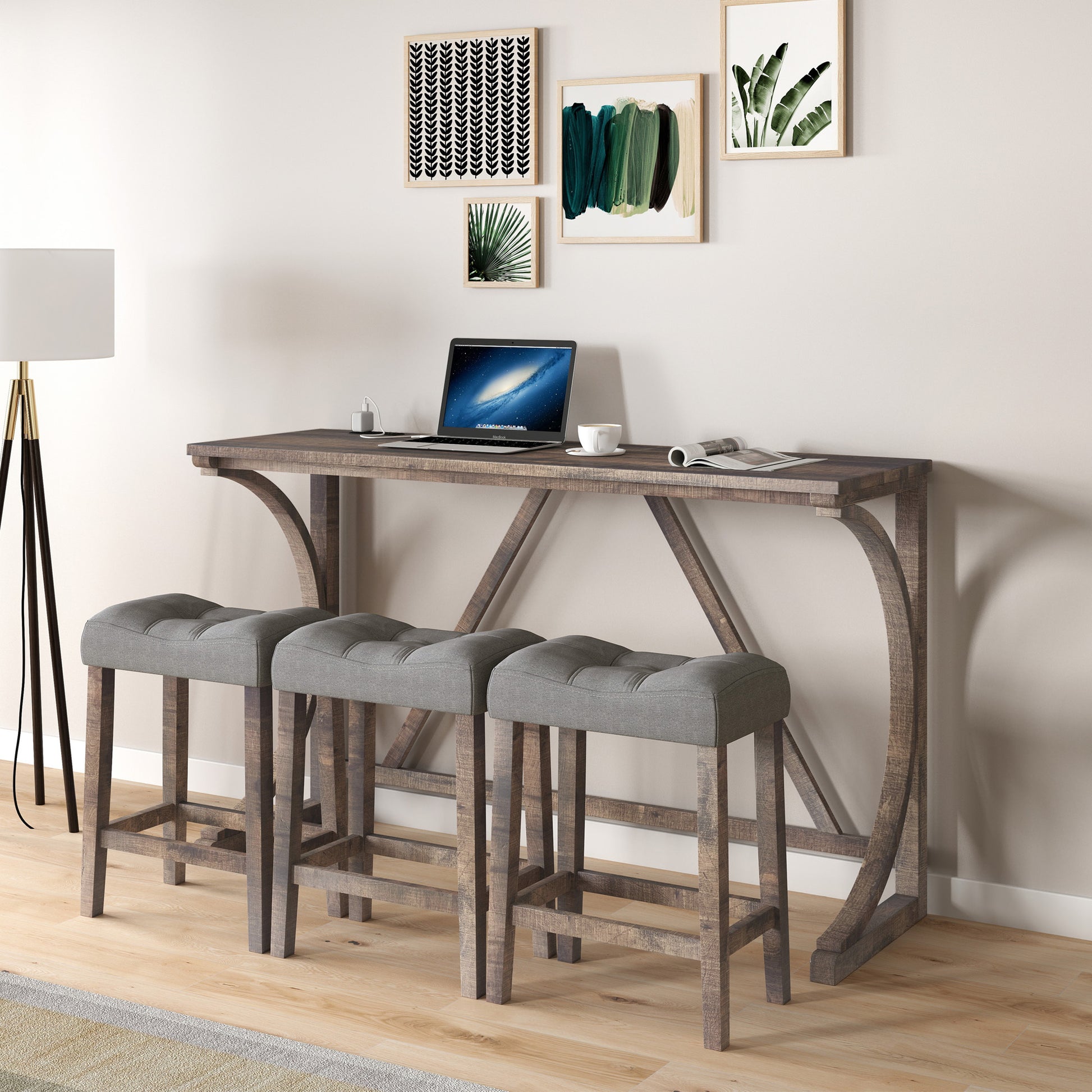Bar Table Set With Power Outlet, Bar Table And Chairs Set, 4 Piece Dining Table Set, Industrial Breakfast Table Set, For Living Room, Dining Room, Game Room Brown Yellow Solid Wood Mdf