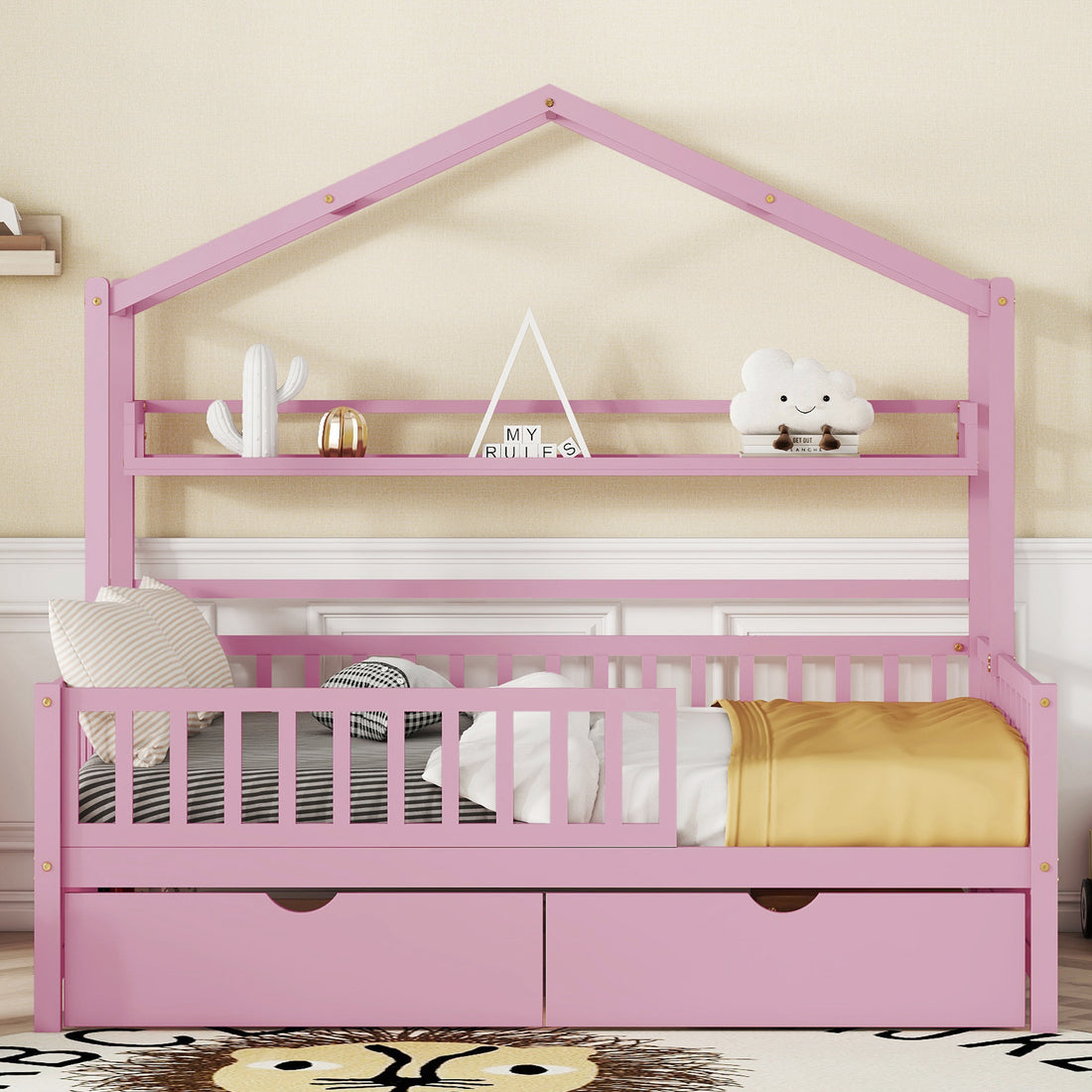 Wooden Full Size House Bed With 2 Drawers,Kids Bed With Storage Shelf, Pink Pink Wood