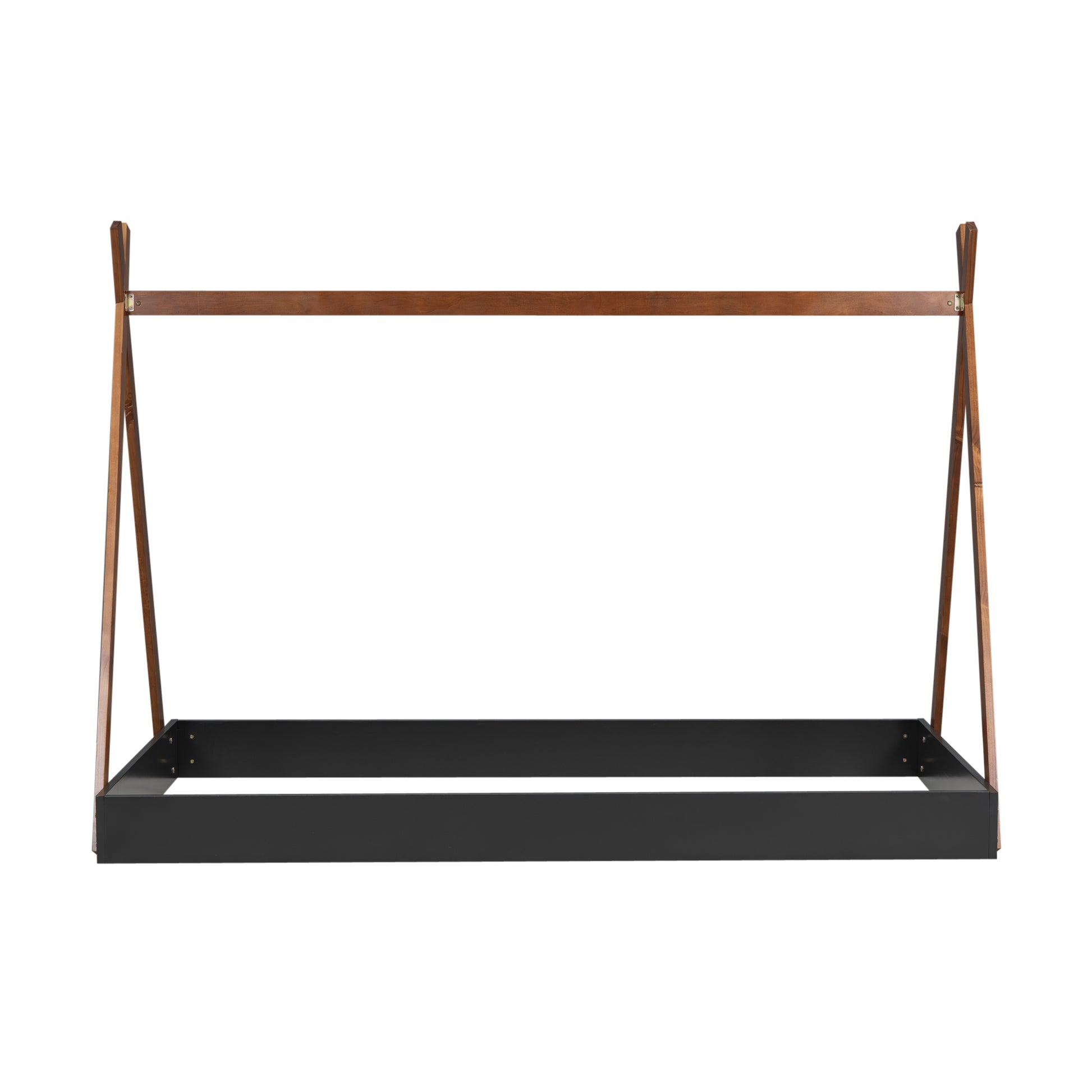 Twin Size Tent Floor Bed With Triangle Structure, Black Brown Twin Box Spring Not Required Black Brown Wood Wood