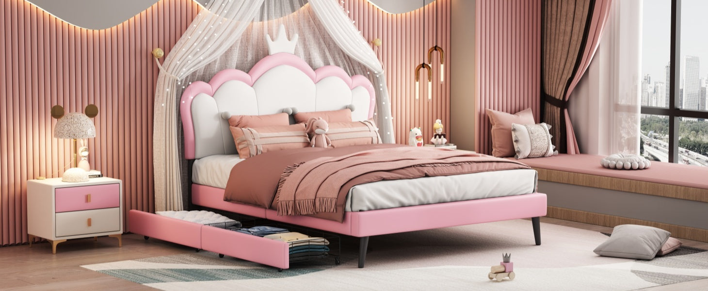 Full Size Princess Bed With Crown Headboard And 2 Drawers, Full Size Platform Bed With Headboard And Footboard,White Pink Pink Pu