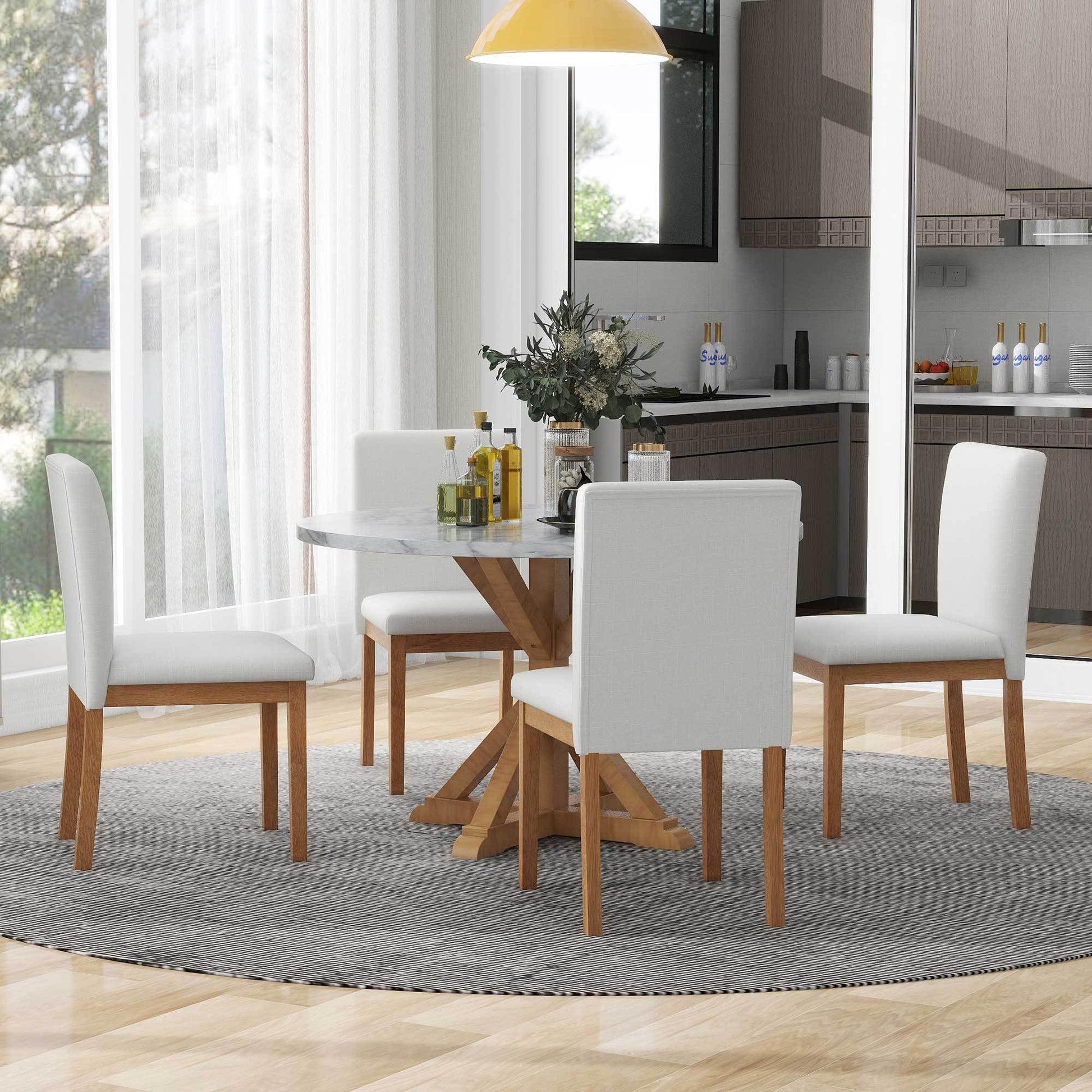 5 Piece Farmhouse Style Dining Table Set, Marble Sticker And Cross Bracket Pedestal Dining Table, And 4 Upholstered Chairs White Walnut Upholstered Chair Wood White Walnut Seats 4 Wood Dining Room Antique,Classic,Farmhouse Pedestal Round Dining Table