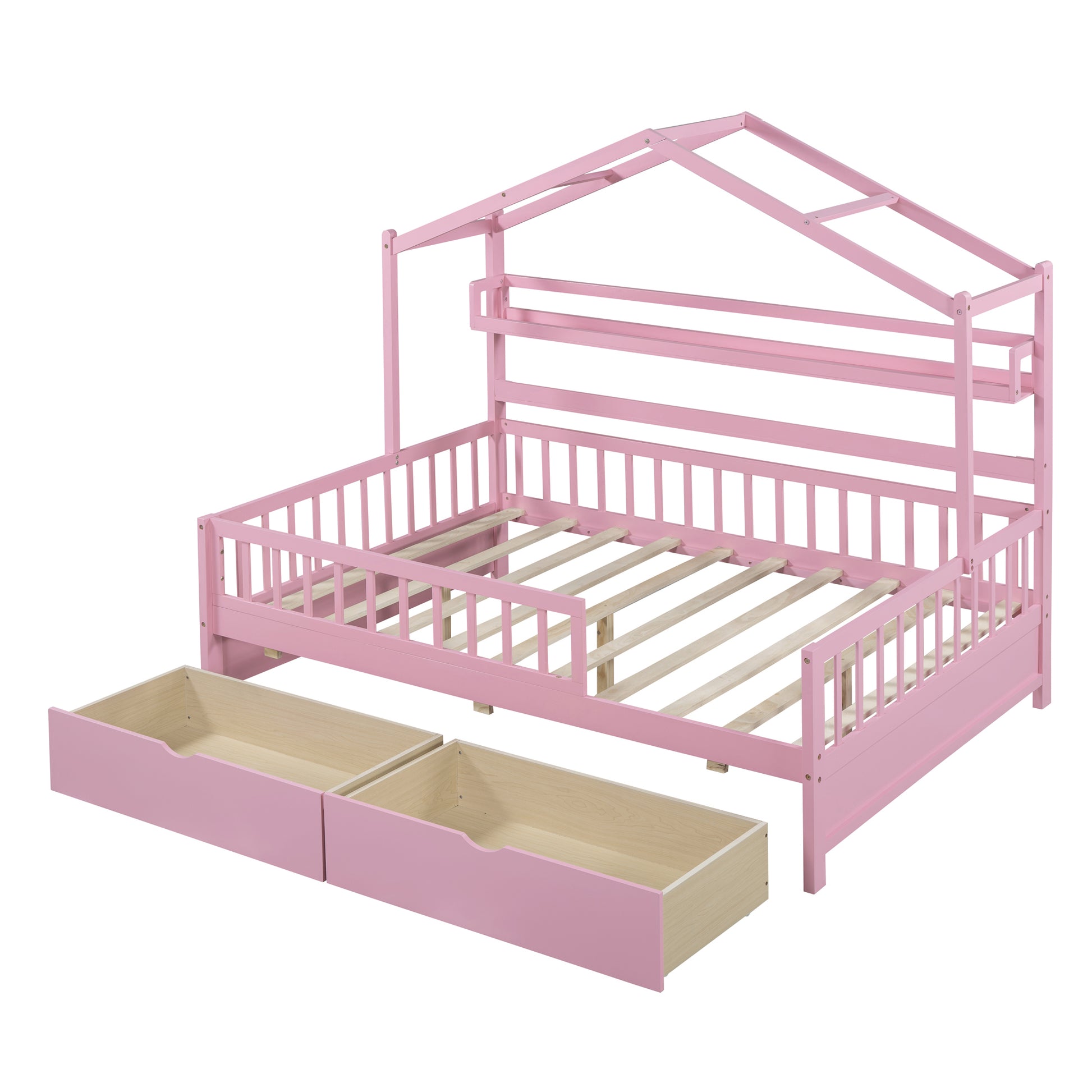 Wooden Full Size House Bed With 2 Drawers,Kids Bed With Storage Shelf, Pink Pink Wood