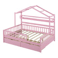 Wooden Full Size House Bed With 2 Drawers,Kids Bed With Storage Shelf, Pink Pink Wood