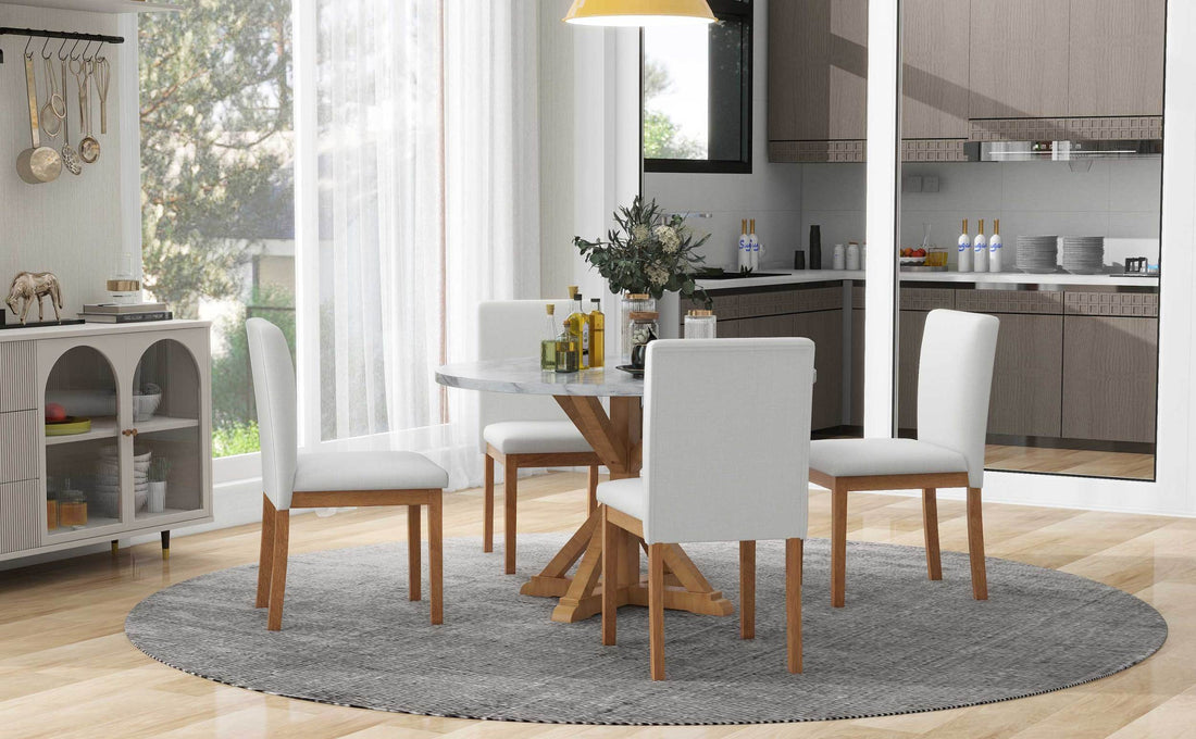 5 Piece Farmhouse Style Dining Table Set, Marble Sticker And Cross Bracket Pedestal Dining Table, And 4 Upholstered Chairs White Walnut Upholstered Chair Wood White Walnut Seats 4 Wood Dining Room Antique,Classic,Farmhouse Pedestal Round Dining Table