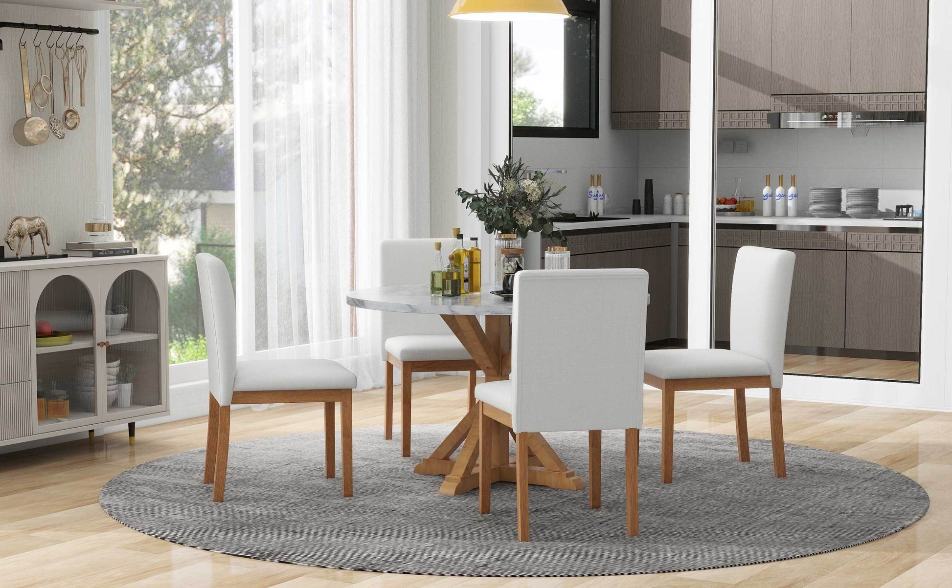 5 Piece Farmhouse Style Dining Table Set, Marble Sticker And Cross Bracket Pedestal Dining Table, And 4 Upholstered Chairs White Walnut Upholstered Chair Wood White Walnut Seats 4 Wood Dining Room Antique,Classic,Farmhouse Pedestal Round Dining Table