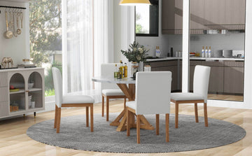 5 Piece Farmhouse Style Dining Table Set, Marble Sticker And Cross Bracket Pedestal Dining Table, And 4 Upholstered Chairs White Walnut Upholstered Chair Wood White Walnut Seats 4 Wood Dining Room Antique,Classic,Farmhouse Pedestal Round Dining Table