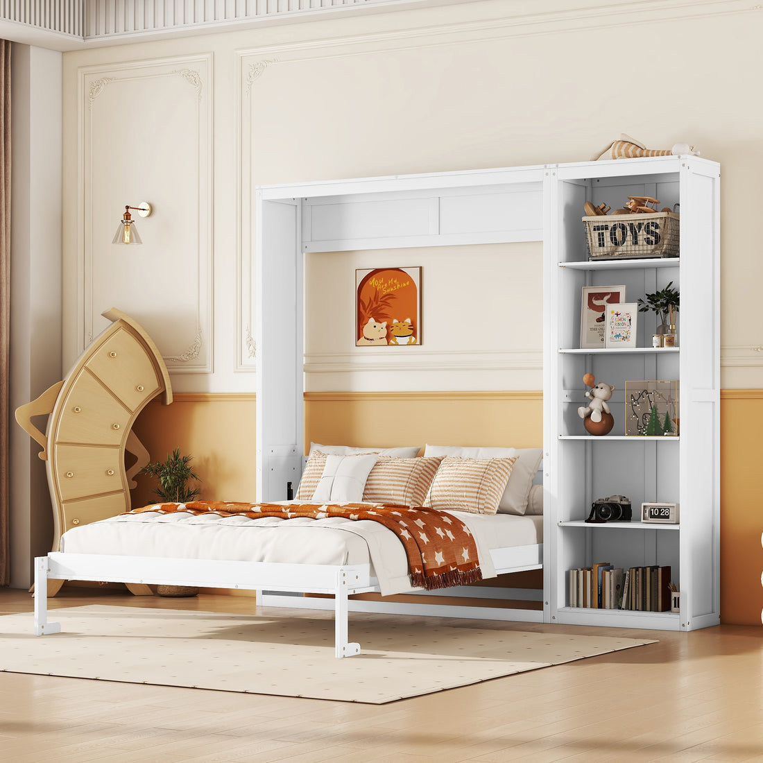 Full Size Murphy Bed Wall Bed With Shelves,White White Solid Wood Mdf