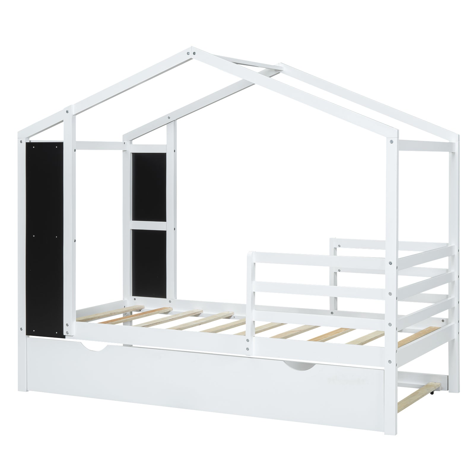 Twin Size Wood House Bed With Fence And Writing Board, White White Solid Wood