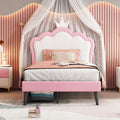 Twin Size Upholstered Princess Bed With Crown Headboard And 2 Drawers,Twin Size Platform Bed With Headboard And Footboard,White Pink Twin Pink Pu