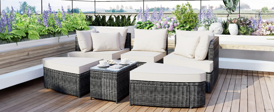 6 Piece Patio Outdoor Conversation Round Sofa Set, Pe Wicker Rattan Separate Seating Group With Coffee Table, Beige Yes Deep Seating Beige Weather Resistant Frame Water Resistant Cushion Garden & Outdoor Sofa Seating Groups Foam Rattan