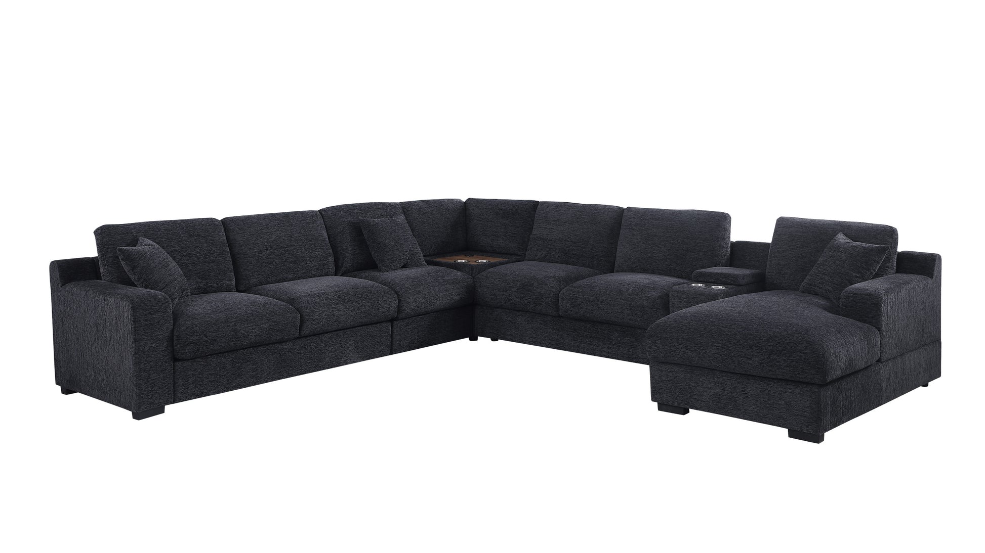 Celine 141.5" Dark Gray Chenille Fabric Corner Sectional Sofa With Right Facing Chaise, Cupholders, And Charging Ports Dark Gray Chenille