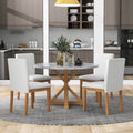 5 Piece Farmhouse Style Dining Table Set, Marble Sticker And Cross Bracket Pedestal Dining Table, And 4 Upholstered Chairs White Walnut Upholstered Chair Wood White Walnut Seats 4 Wood Dining Room Antique,Classic,Farmhouse Pedestal Round Dining Table
