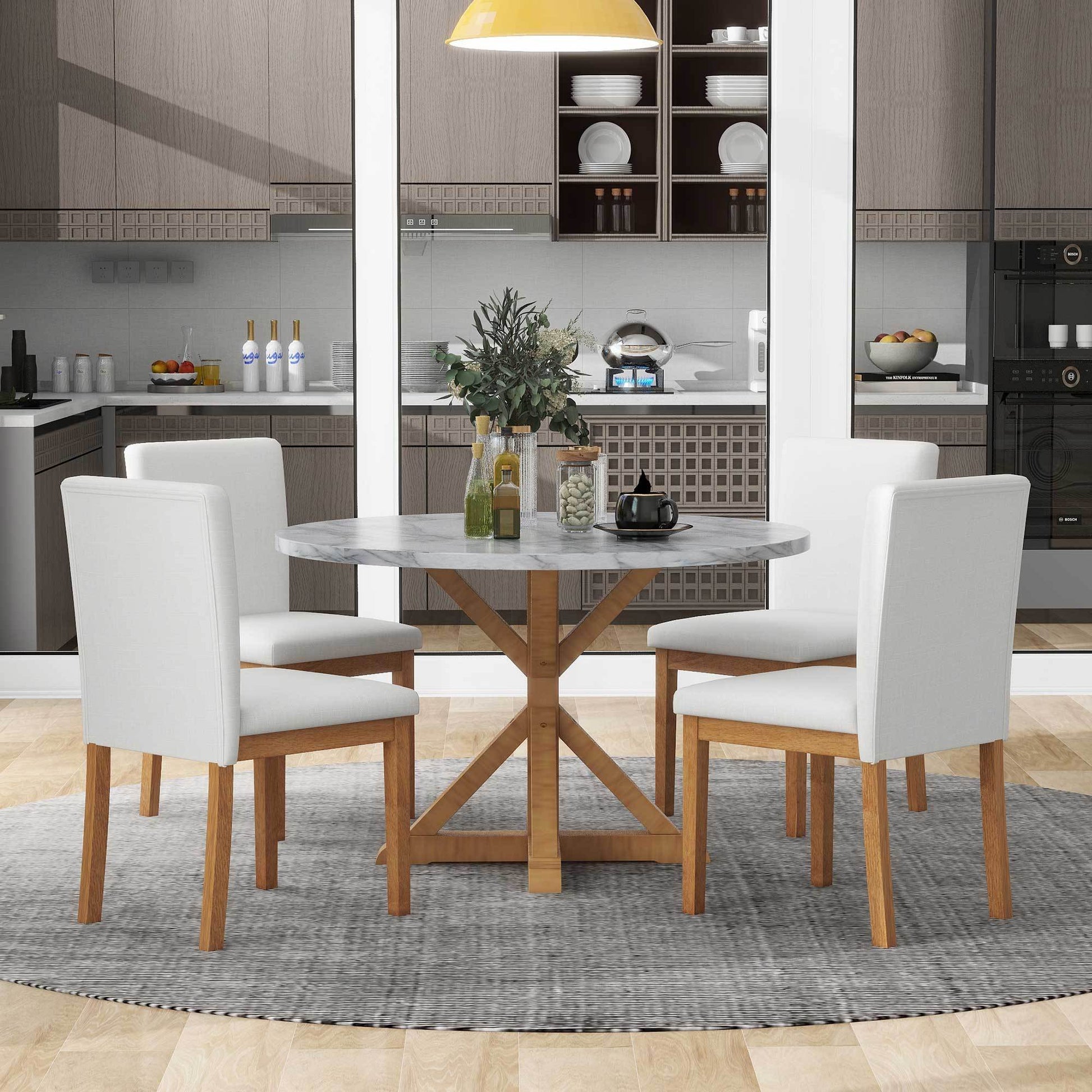 5 Piece Farmhouse Style Dining Table Set, Marble Sticker And Cross Bracket Pedestal Dining Table, And 4 Upholstered Chairs White Walnut Upholstered Chair Wood White Walnut Seats 4 Wood Dining Room Antique,Classic,Farmhouse Pedestal Round Dining Table