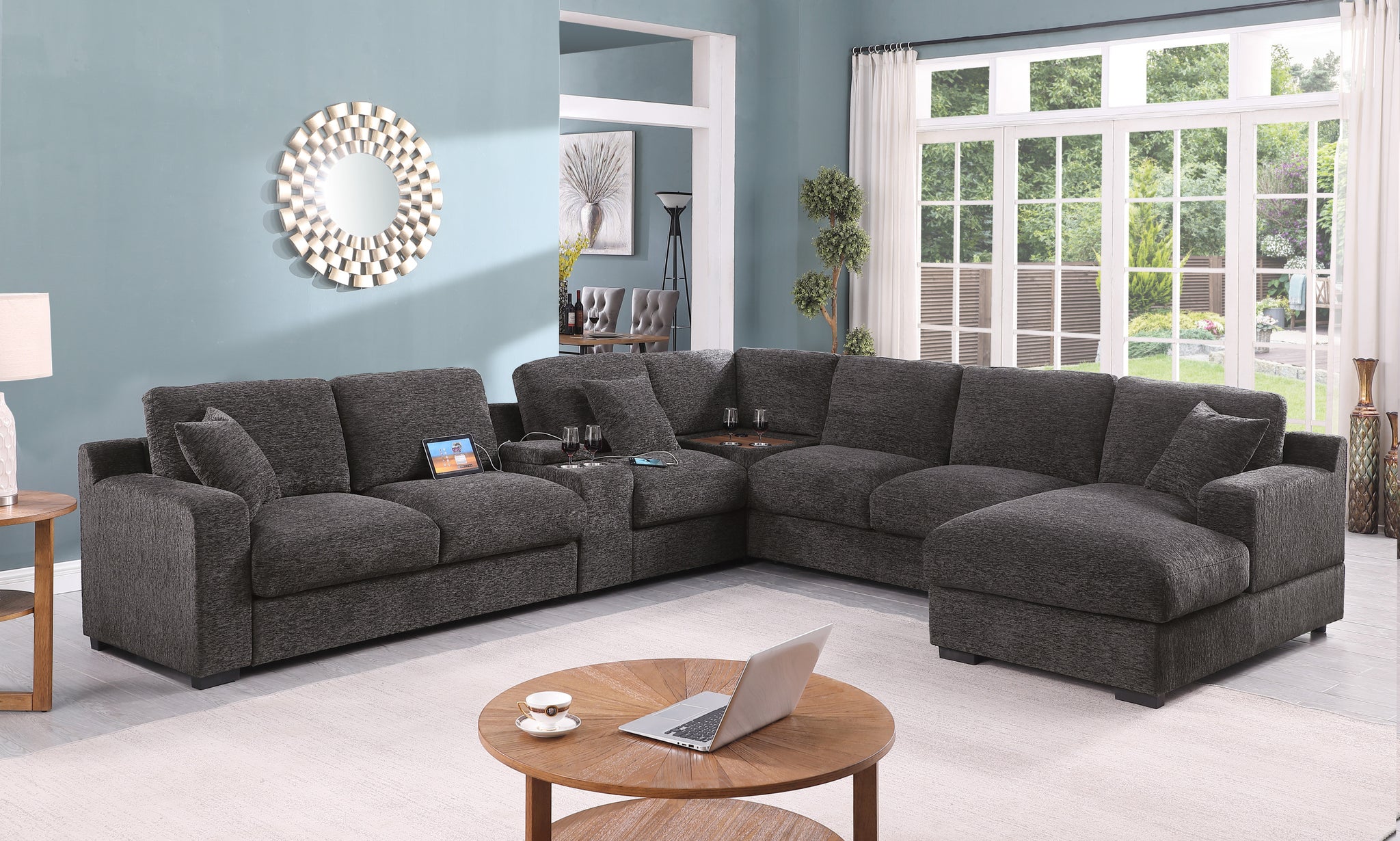 Celine 141.5" Gray Chenille Fabric Corner Sectional Sofa With Right Facing Chaise, Cupholders, And Charging Ports Gray Chenille