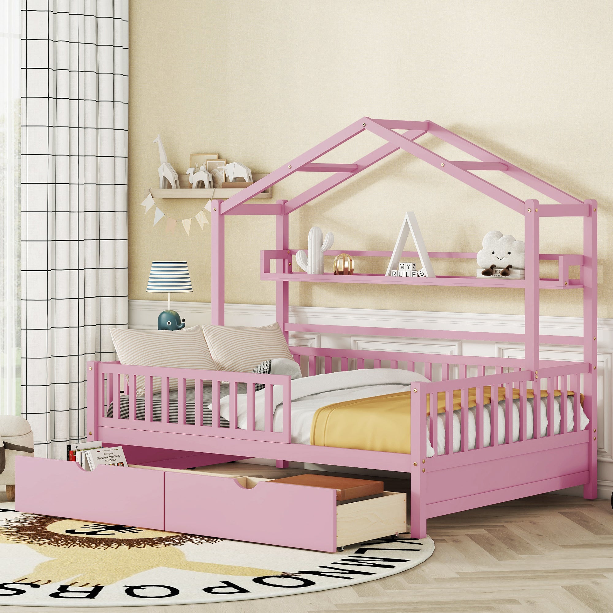 Wooden Full Size House Bed With 2 Drawers,Kids Bed With Storage Shelf, Pink Pink Wood