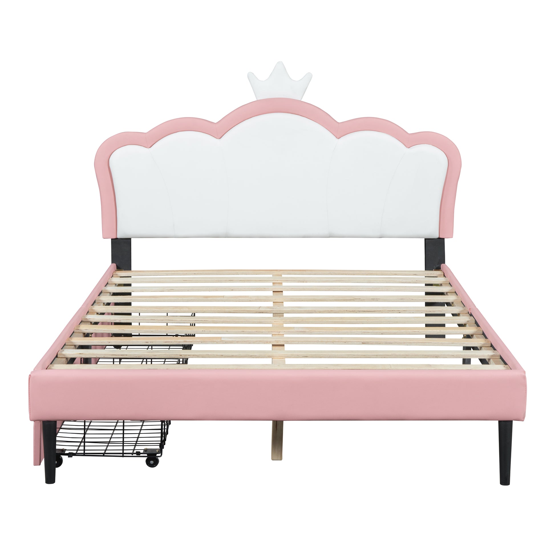 Full Size Princess Bed With Crown Headboard And 2 Drawers, Full Size Platform Bed With Headboard And Footboard,White Pink Pink Pu