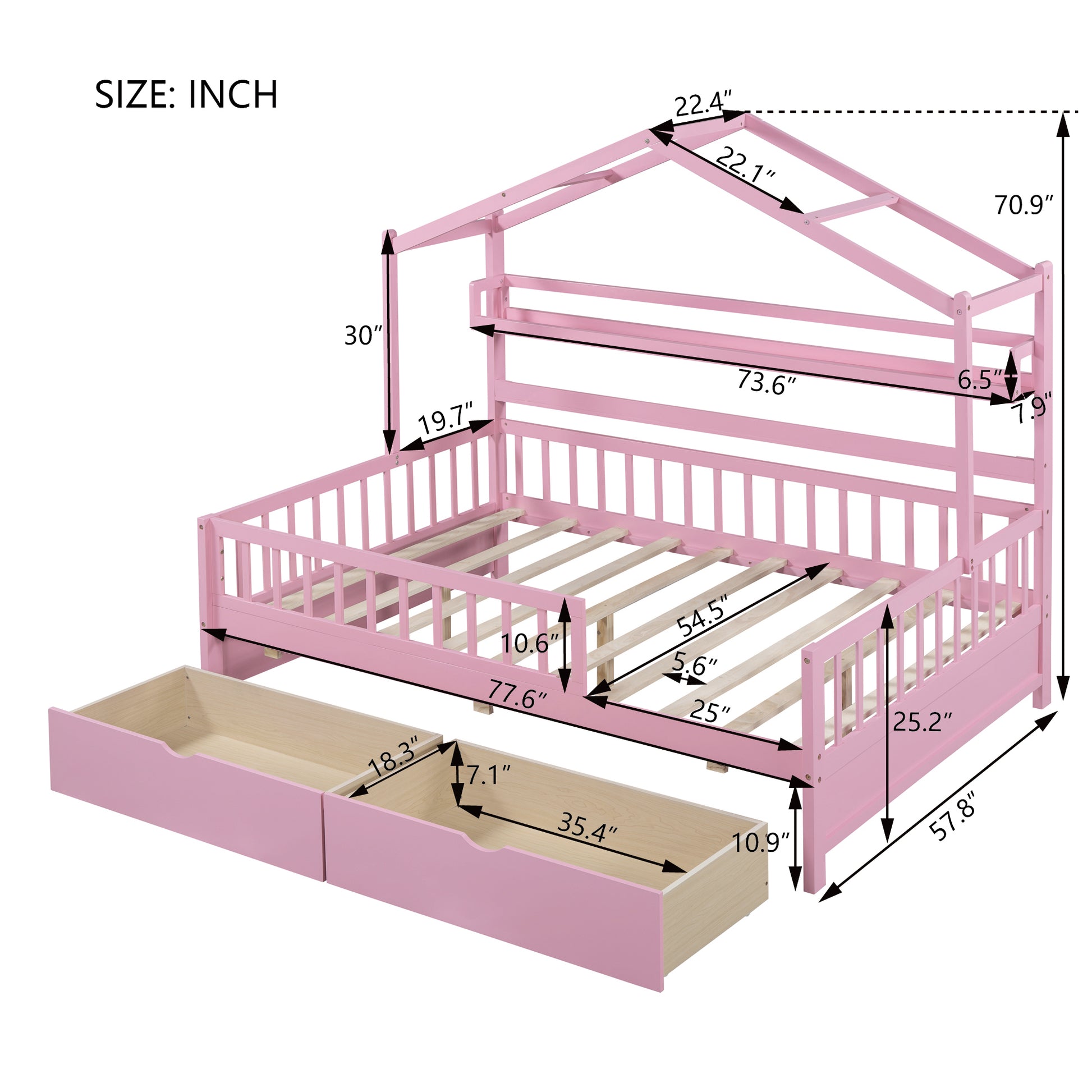 Wooden Full Size House Bed With 2 Drawers,Kids Bed With Storage Shelf, Pink Pink Wood