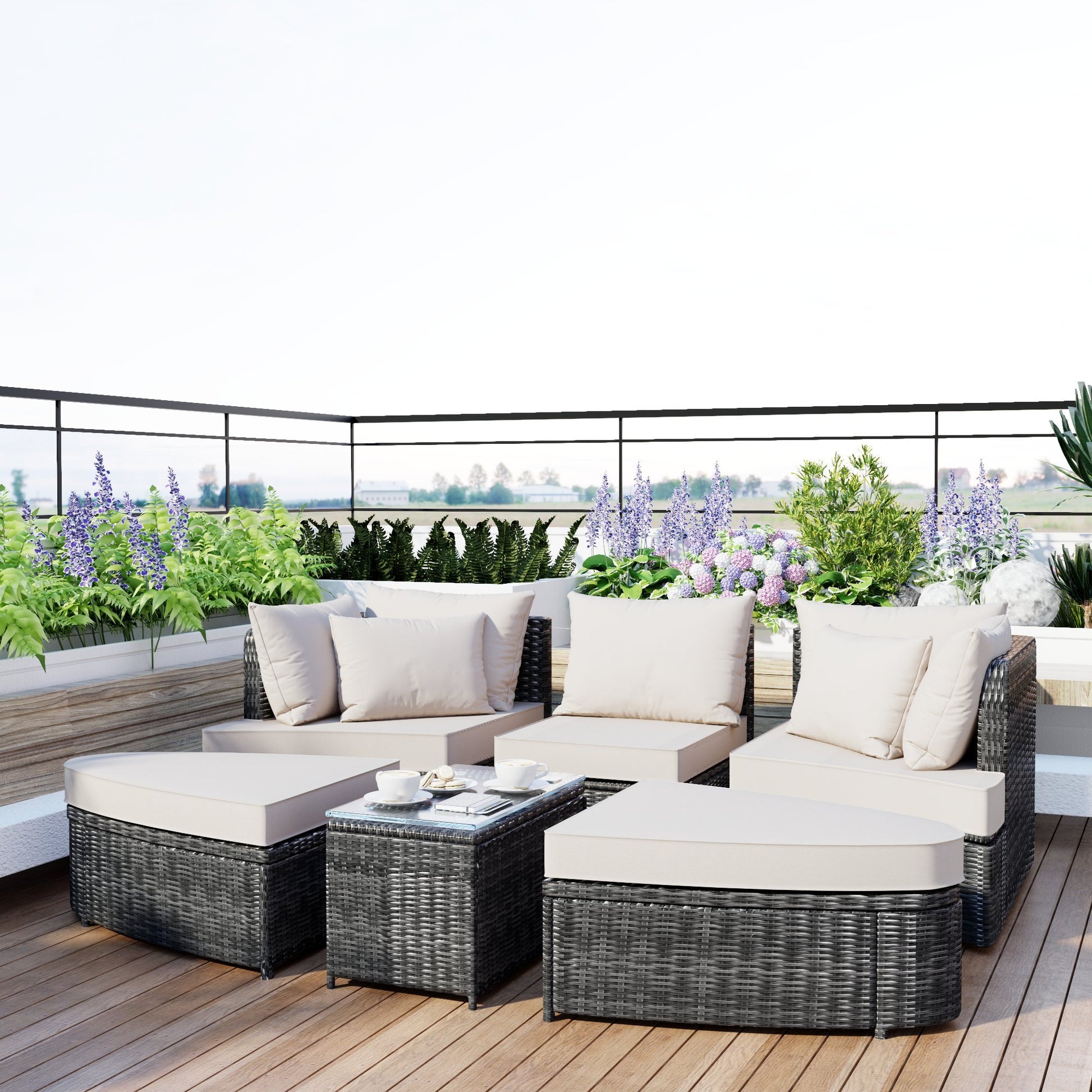 6 Piece Patio Outdoor Conversation Round Sofa Set, Pe Wicker Rattan Separate Seating Group With Coffee Table, Beige Yes Deep Seating Beige Weather Resistant Frame Water Resistant Cushion Garden & Outdoor Sofa Seating Groups Foam Rattan