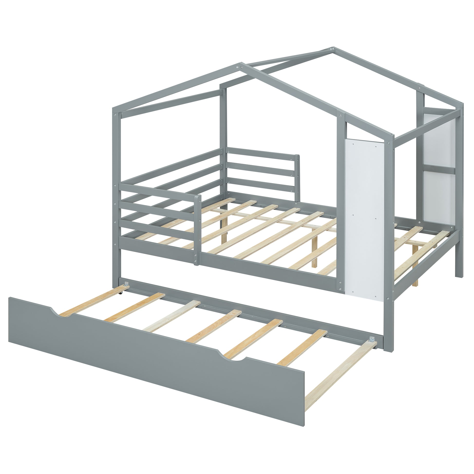 Full Size Wood House Bed With Fence And Writing Board, Gray Gray Solid Wood