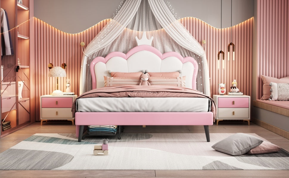 Full Size Princess Bed With Crown Headboard And 2 Drawers, Full Size Platform Bed With Headboard And Footboard,White Pink Pink Pu