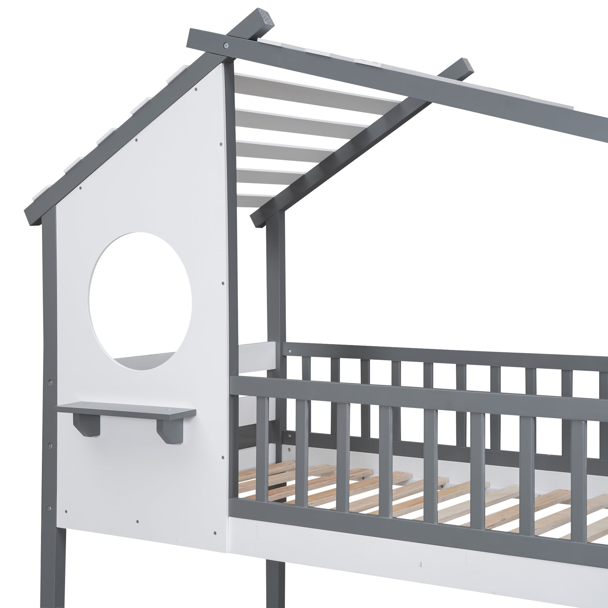 Twin Over Twin Bunk Bed Wood Bed With Roof, Window, Ladder,Gray Old Sku :Lt100008Aae Twin Gray Solid Wood