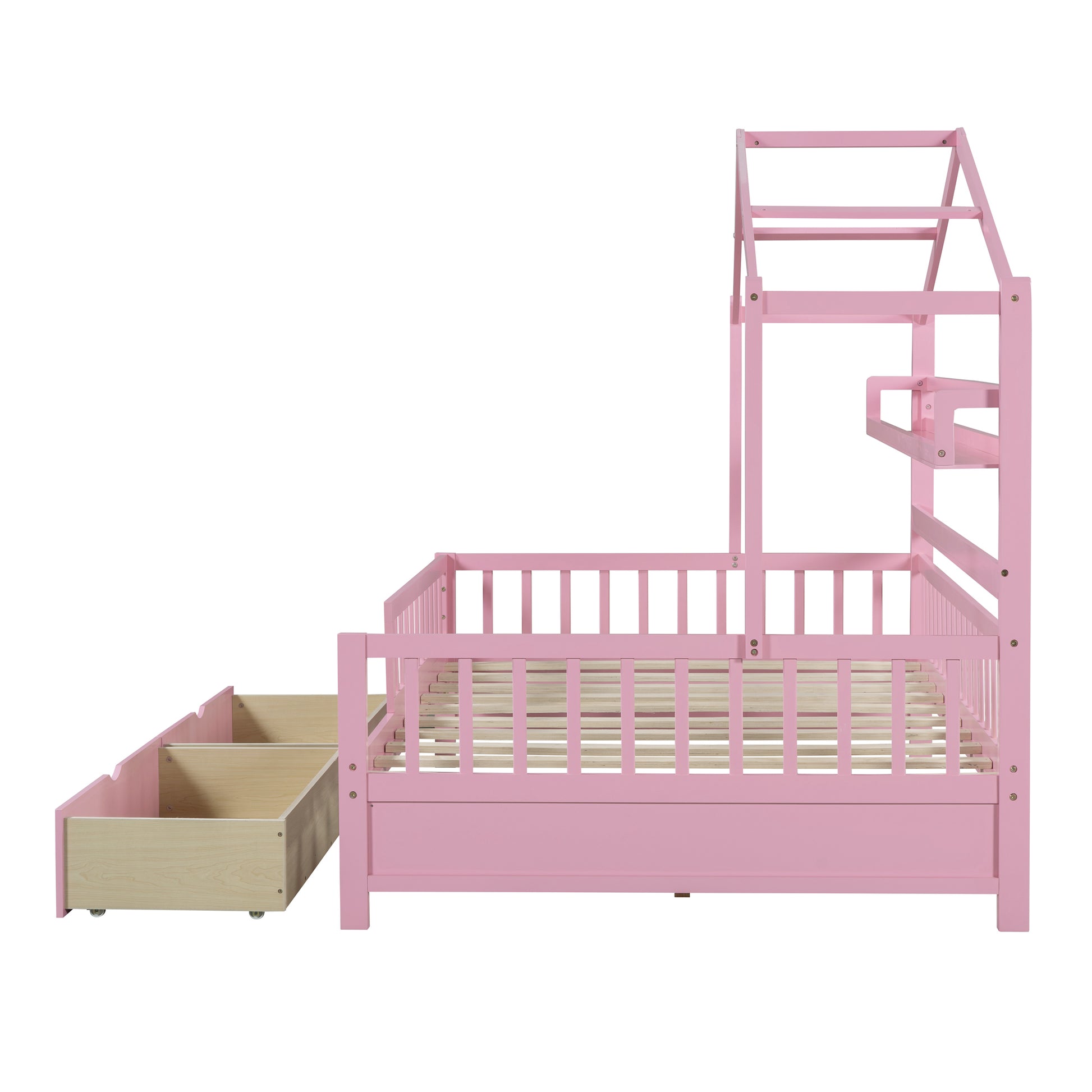 Wooden Full Size House Bed With 2 Drawers,Kids Bed With Storage Shelf, Pink Pink Wood