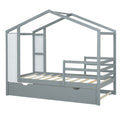 Twin Size Wood House Bed With Fence And Writing Board, Gray Gray Solid Wood