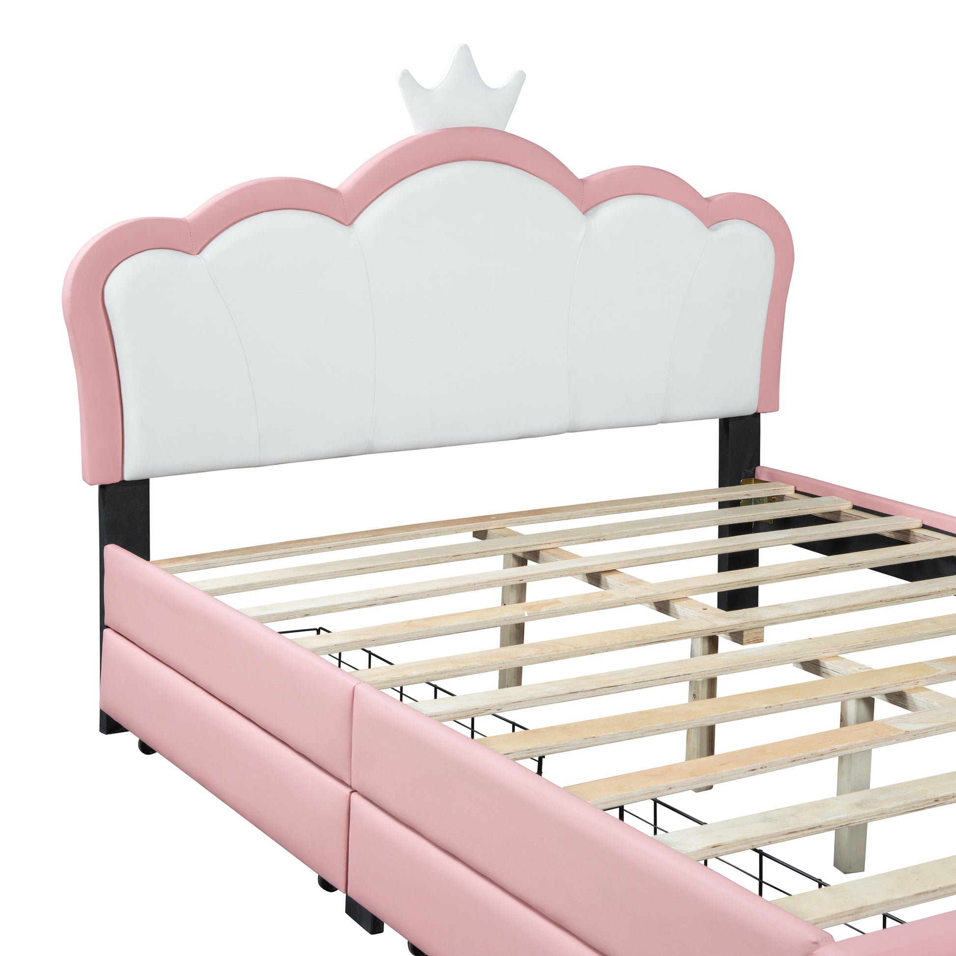 Full Size Princess Bed With Crown Headboard And 2 Drawers, Full Size Platform Bed With Headboard And Footboard,White Pink Pink Pu