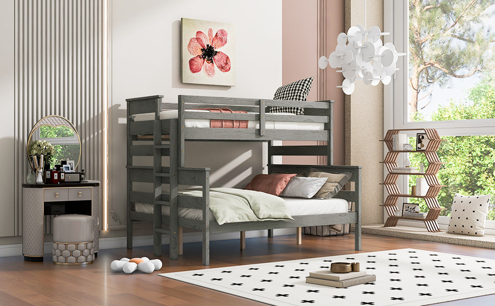 Wood Twin Over Full Bunk Bed With Ladder, Gray Twin Box Spring Not Required Gray Solid Wood Mdf