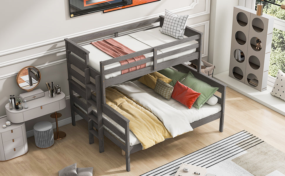 Wood Twin Xl Over Queen Bunk Bed With Ladder, Gray Twin Xl Box Spring Not Required Gray Wood Bedroom Bunk Solid Wood Mdf