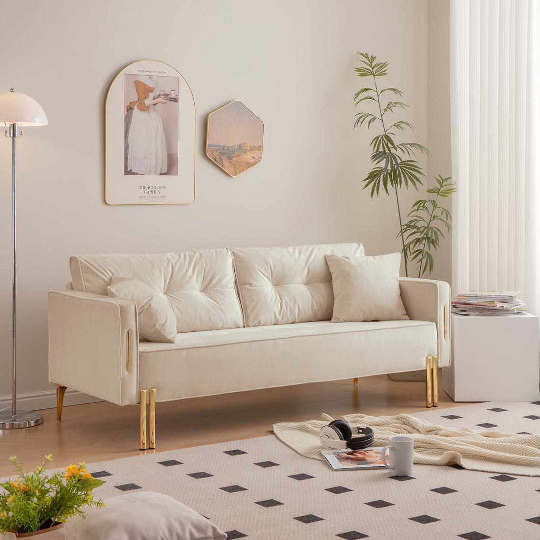 70" Velvet Sofa Couch Luxury Modern Upholstered 3 Seater Sofa With 2 Pillows For Living Room, Apartment And Small Space Beige Modern Foam Velvet 3 Seat